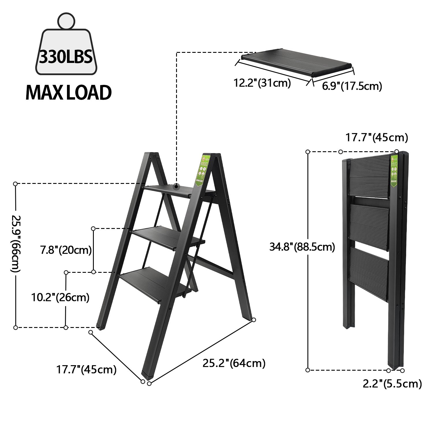 RIKADE 3 Step Ladder. RIKADE Folding Step Stool with Wide Anti-Slip Pedal. Aluminum Portable Lightweight Ladder for Home and Office Use. Kitchen Step Stool 330lb Capacity