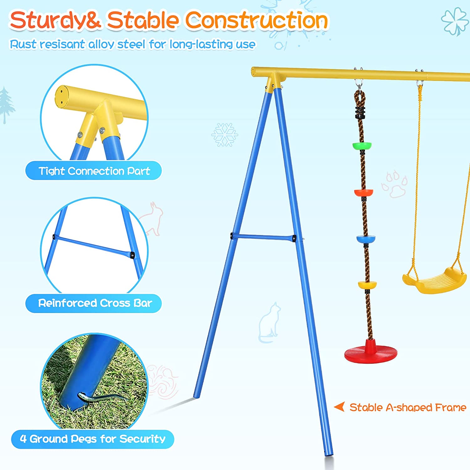 4 in 1 Swing Set. Heavy Duty A-Frame Swing Frame. Weight Capacity 440 lbs Adjustable Outdoor Playground with Swing Seat. Bird-s Nest Swing Seat. Climbing Ladder and Climbing Rope