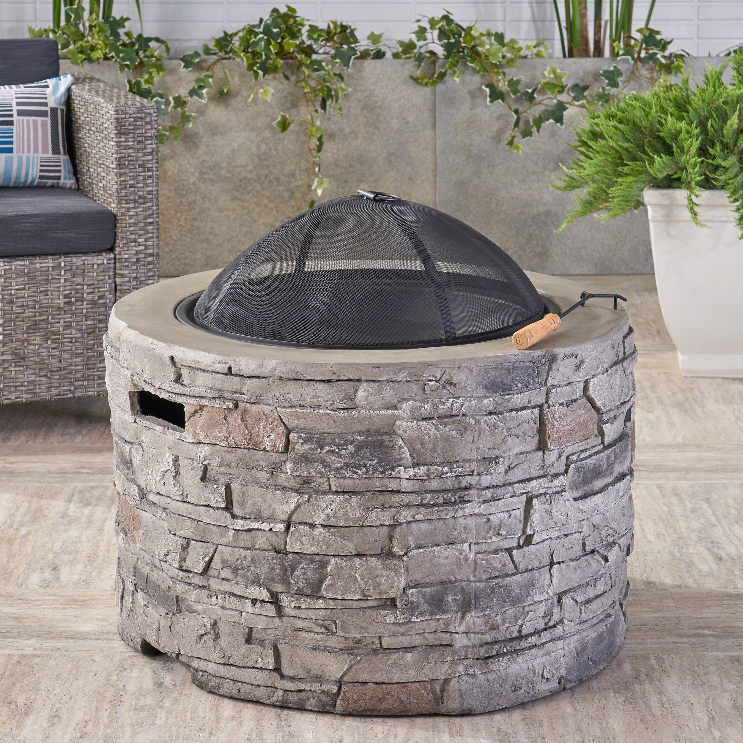 Dione Outdoor 32″ Wood Burning Light Weight Concrete Round Fire Pit. Grey