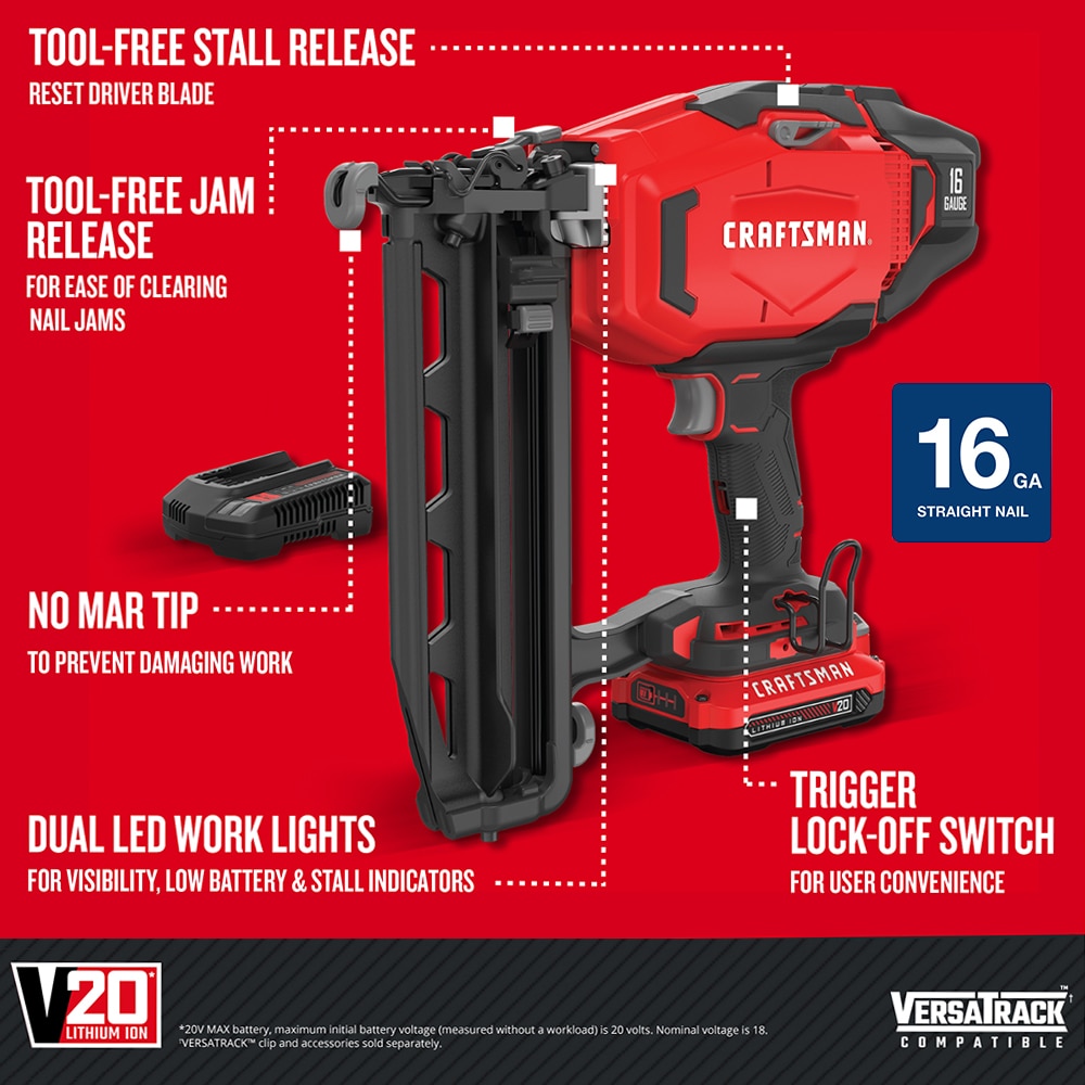 CRAFTSMAN V20 2.5-in 16-Gauge Cordless Finish Nailer (Battery & Charger Included)