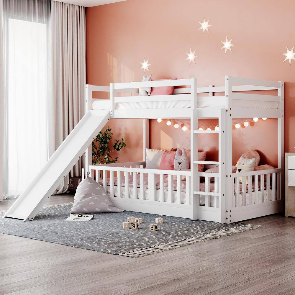 Harper & Bright Designs  White Twin Over Twin Wood Bunk Bed with Slide and Ladder