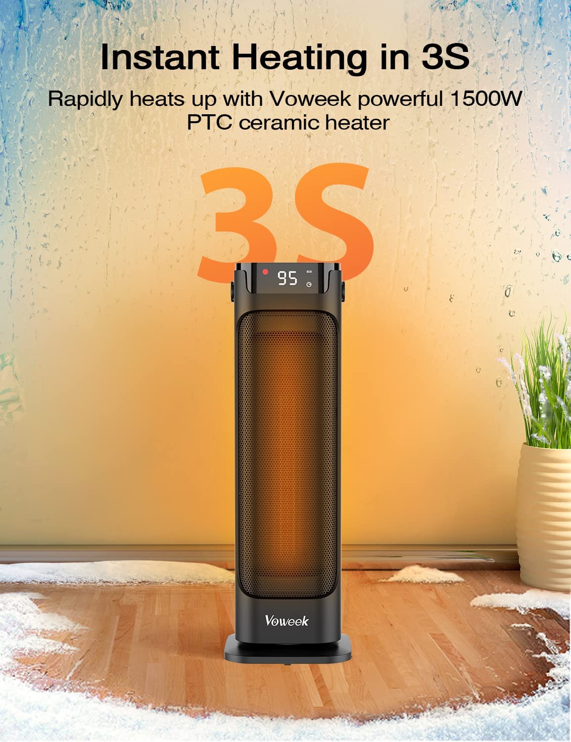 24″ Space Heater. Voweek 1500W PTC Fast Heating Ceramic Heater for Office. Large Room. Indoor Use. Bedroom. Electric Heater with Thermostat. Remote. 3 Modes. ETL Certified. 12H Timer. 90° Oscillating