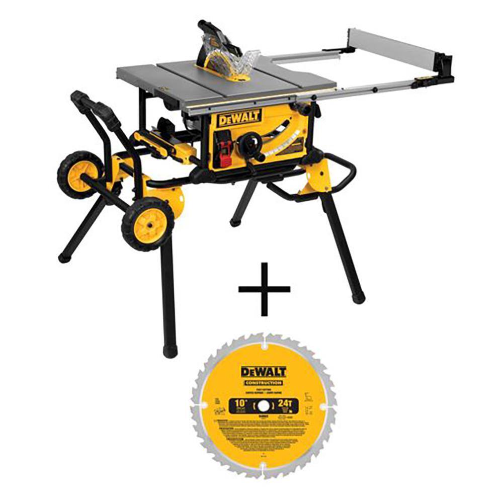 DEWALT DWE7491RSW3112 15 Amp Corded 10 in. Job Site Table Saw with Rolling Stand and Construction 10 in. 24-Teeth Thin Kerf Table Saw Blade