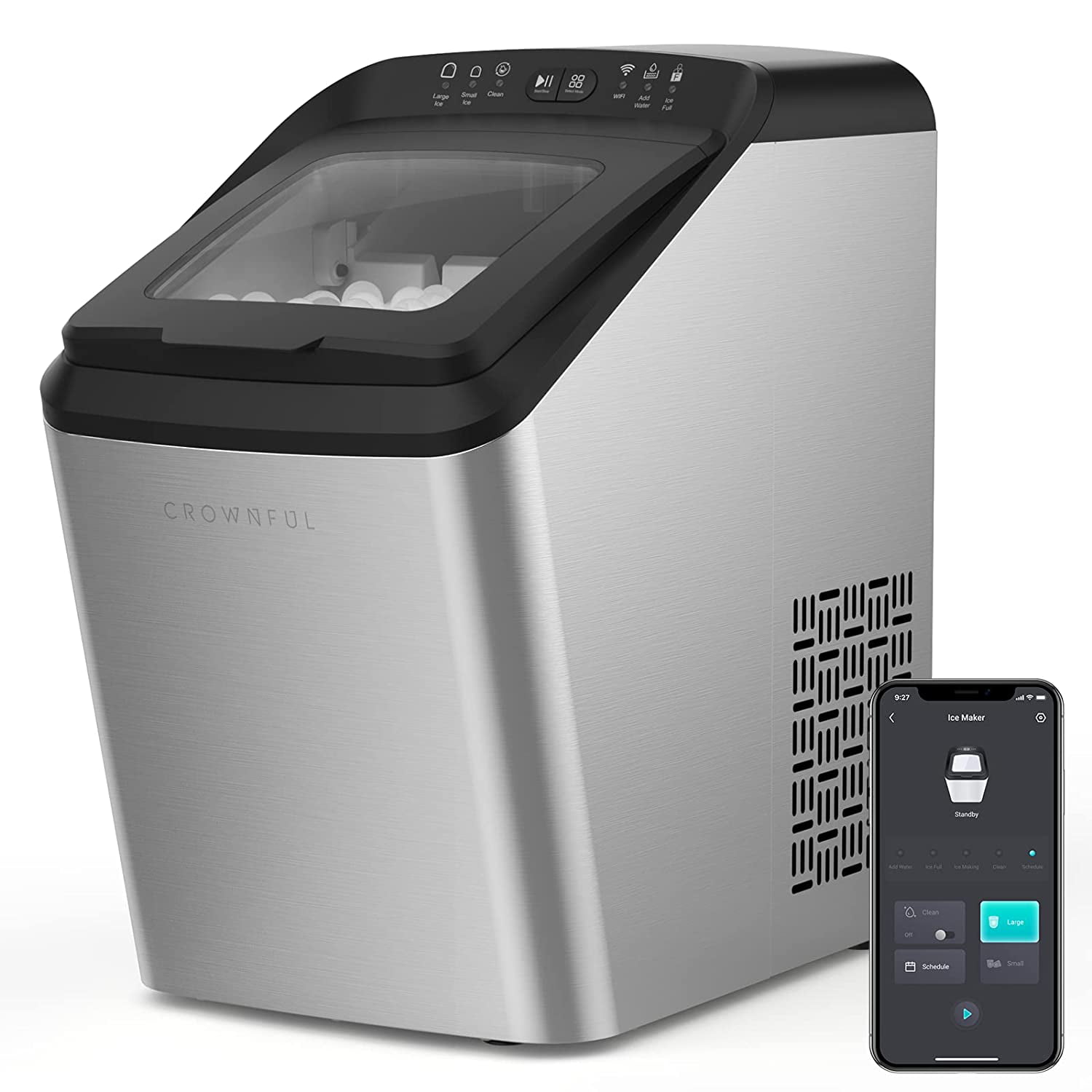 CROWNFUL Smart Ice Maker Countertop. with App Remote Control Ice Machine. 33 lbs/24H. 2 Size (S/L) Ice. Self-Cleaning