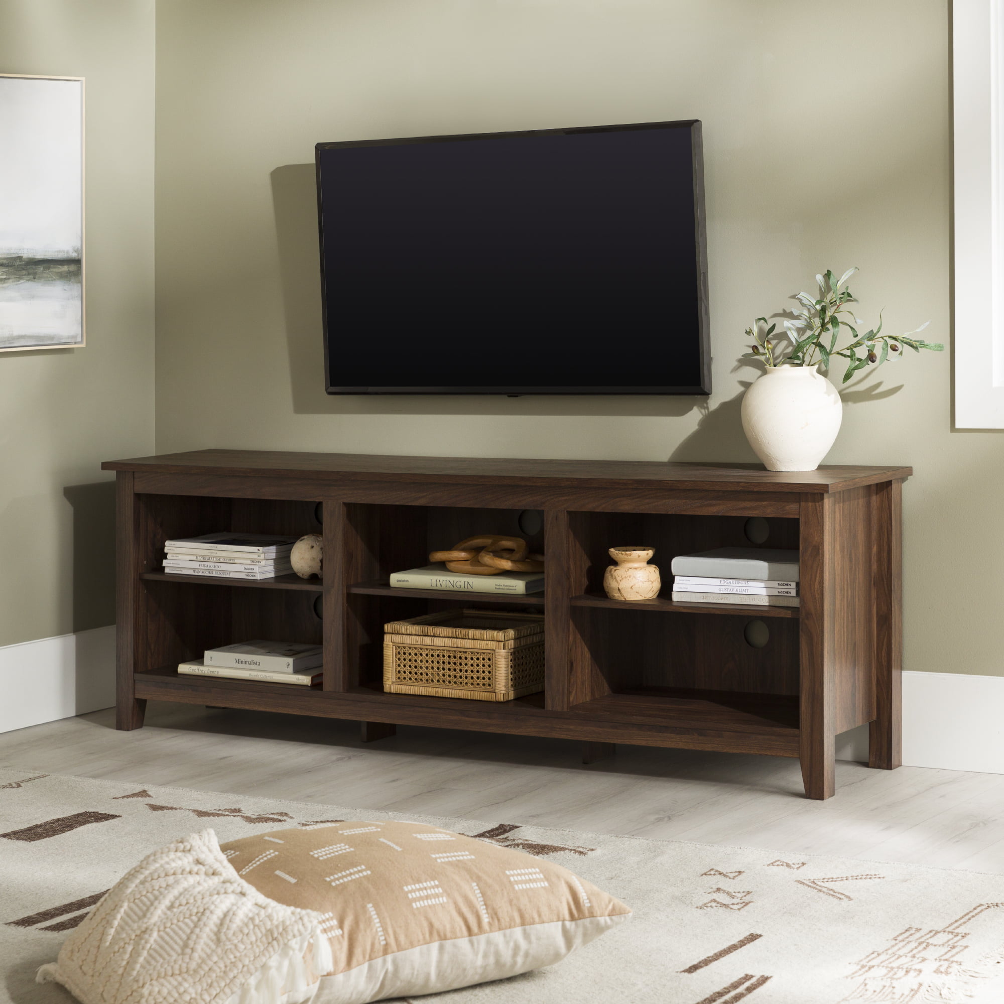 Woven Paths Open Storage TV Stand for TVs up to 80″. Dark Walnut