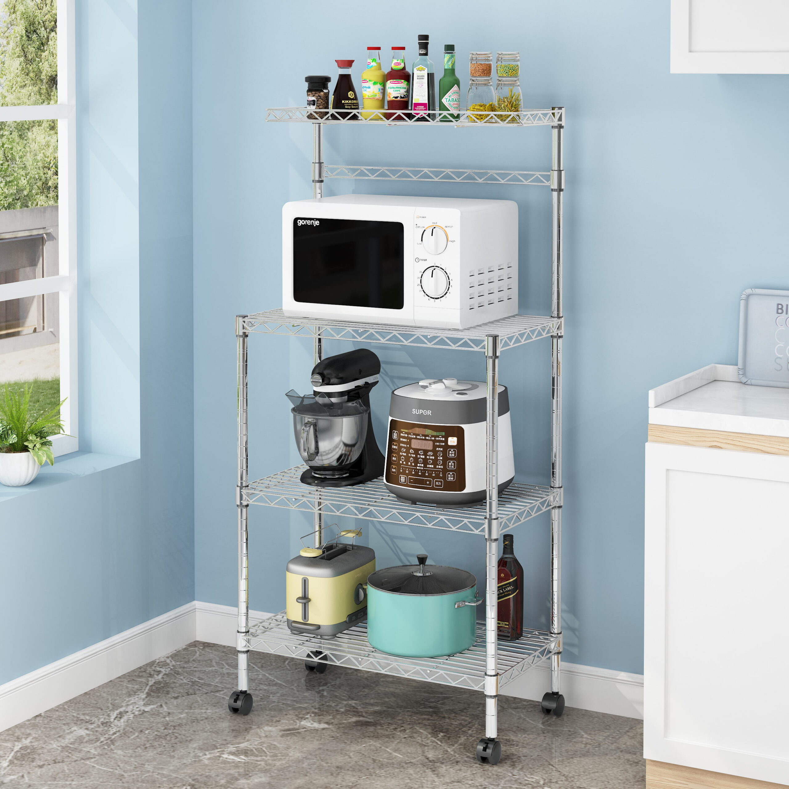 Zimtown 4 Tiers Kitchen Cart Island on Wheels Rolling Microwave Oven Stand Baker-s Rack with Storage Shelves. Silver Finish