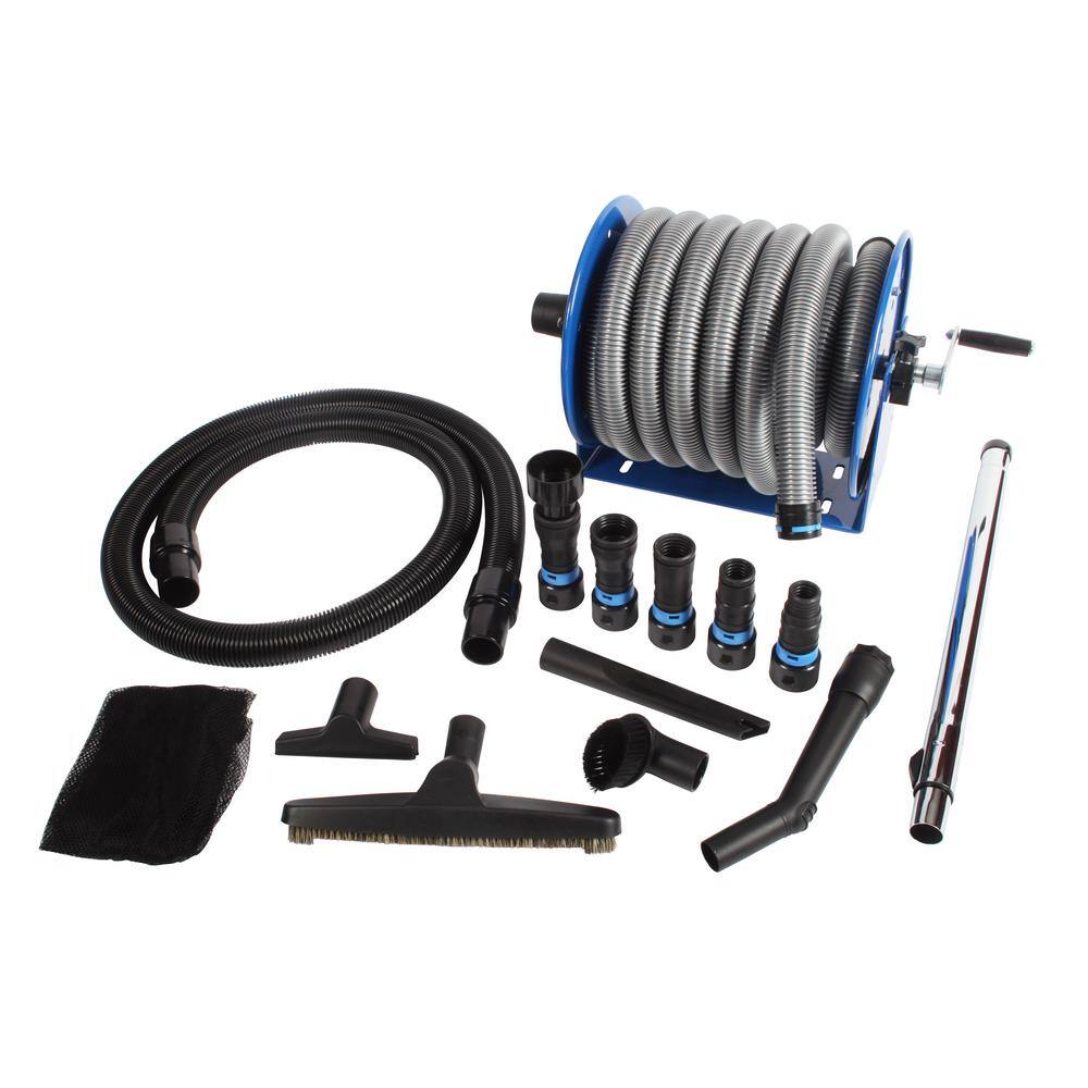 Cen-Tec 96139 Stainless Steel Hose Reel and Mounted 30 Ft. Dust Collection Hose with Multi-Brand Power Tool Adapters for Wet/Dry Vacs