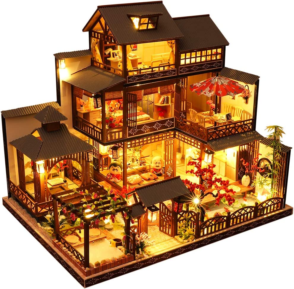 Fsolis DIY Dollhouse Miniature Kit with Furniture. Miniature House Kit 3D Wooden Miniature House with Dust Cover and Music Movement. Miniature Dolls House kit (P06)