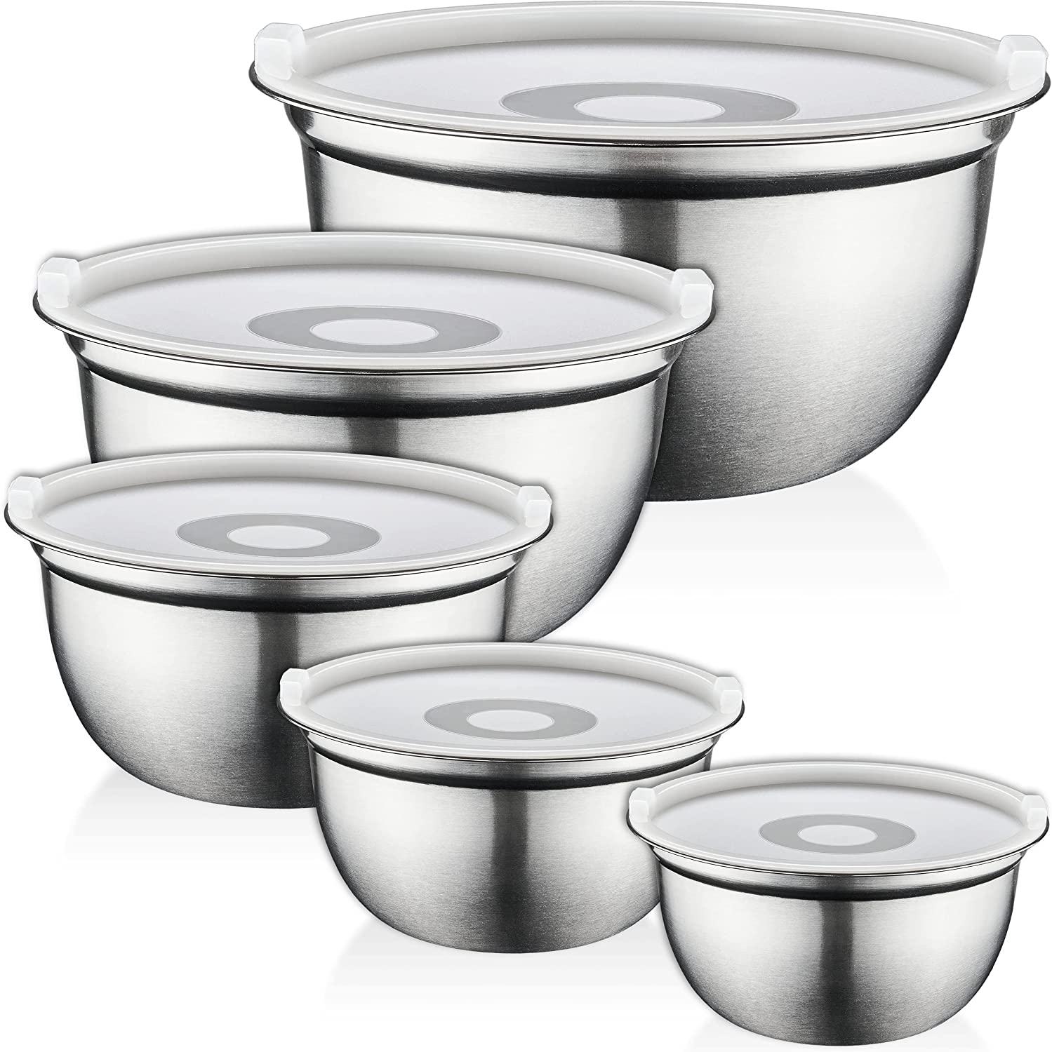 FineDine Mixing Bowls with Lids - 5 Deep Nesting Mixing Bowls for Kitchen Storage - Silver Stainless Steel Mixing Bowl Set - Large Mixing Bowl for Cooking Food. Baking. Breading. Salad or Meal Prep