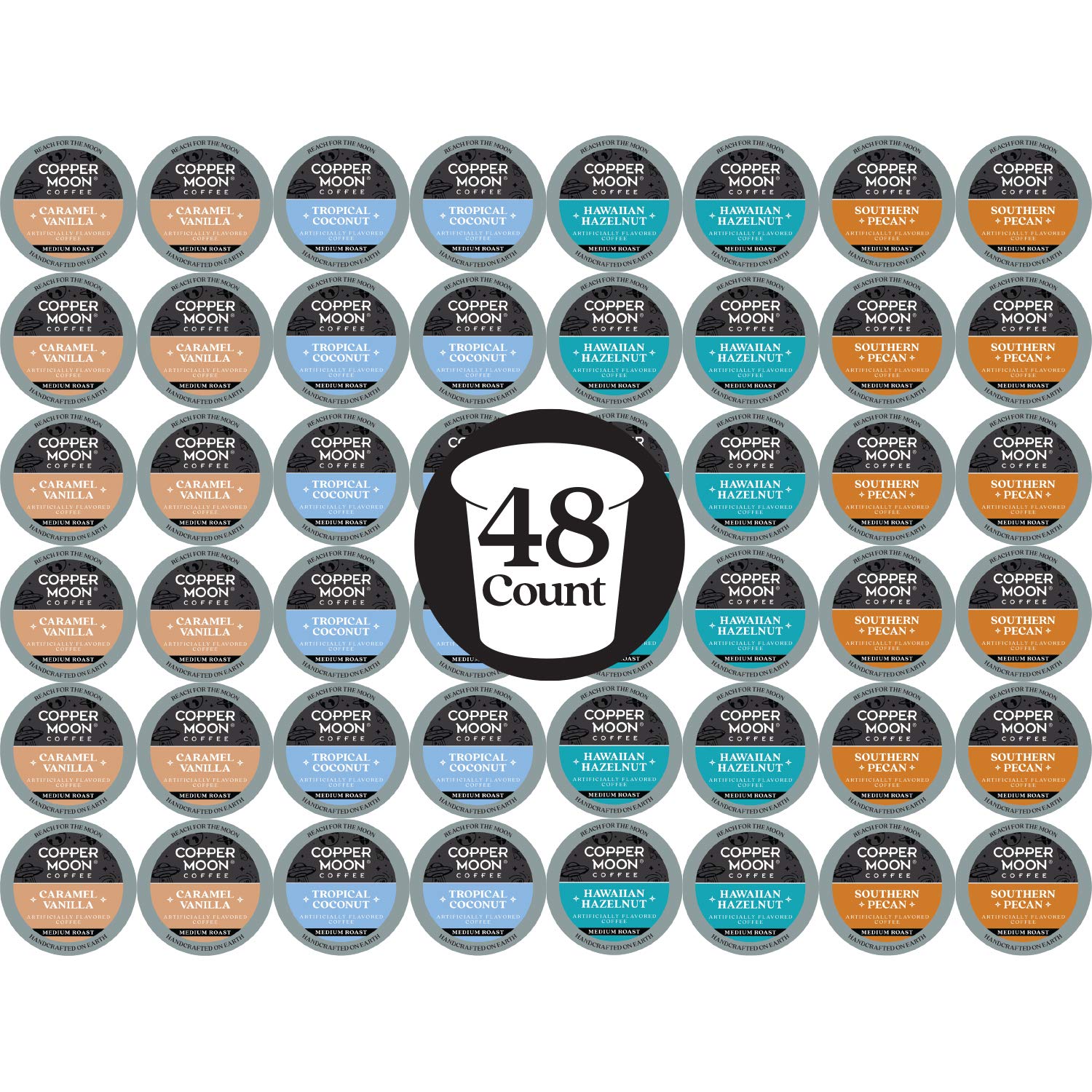 Copper Moon Single Serve Coffee Pods for Keurig K Cup Brewers. Flavored Variety Pack. Medium Roast Coffee. 48 Count (12 each: Caramel Vanilla. Tropical Coconut. Hawaiian Hazelnut. Southern Pecan)