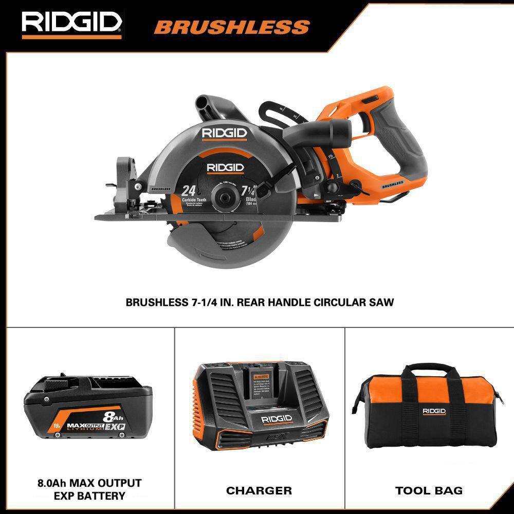 RIDGID R8658K 18V Brushless Cordless 7-1/4 in. Rear Handle Circular Saw Kit with 8.0 Ah MAX Output Battery. 18V Charger and Bag