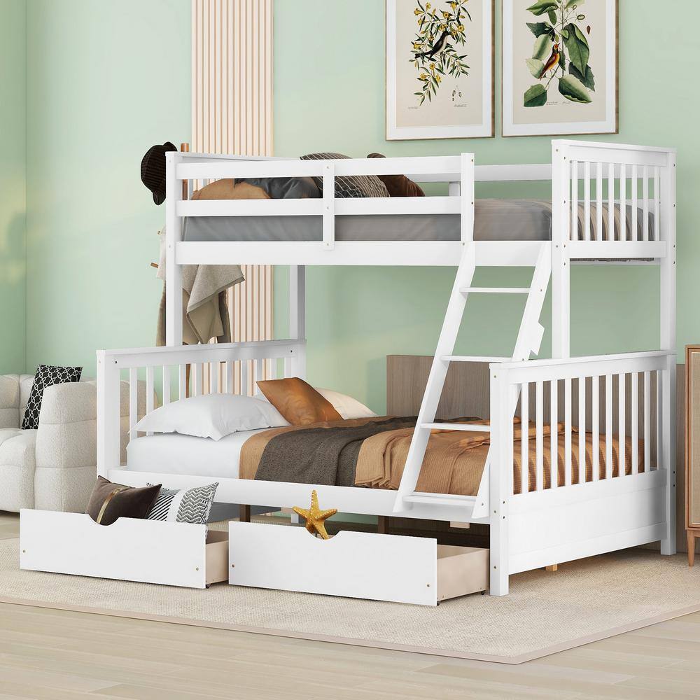 Qualler  White Twin Over Full Bunk Bed with Ladder and 2-Storage-Drawers
