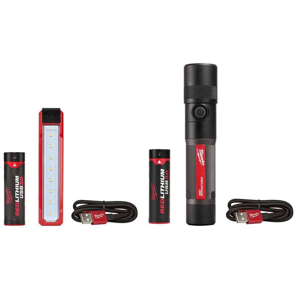 Milwaukee 2113-21-2161-21 500 Lumens LED Pivoting REDLITHIUM USB Flashlight & 1100 Lumens LED USB Rechargeable Twist Focus Flashlight (2-Pack)