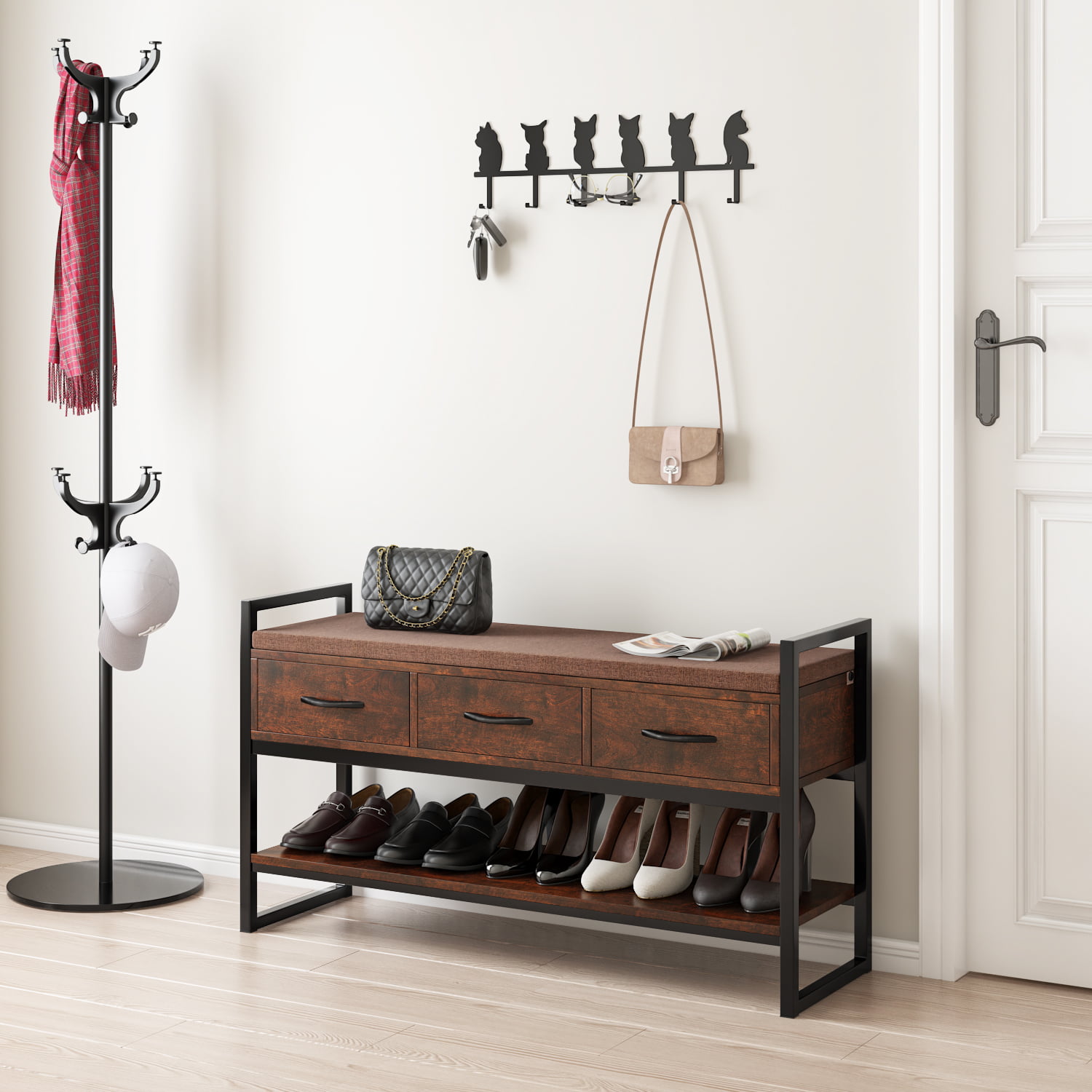 Homfa Entryway Shoe Bench. 2 Tier Wood Entryway Shoes Rack for 5-7 Pair of Shoes with Padded Seat. Cherry