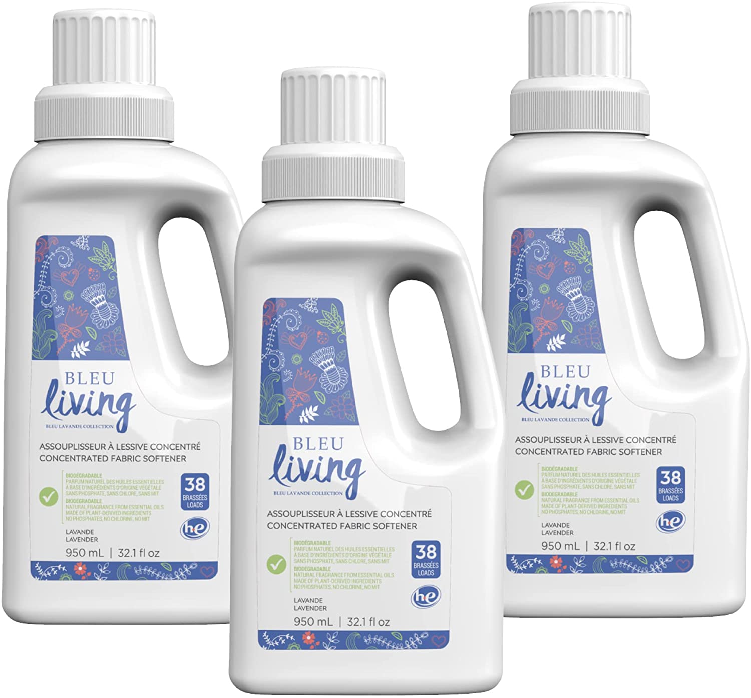 Bleu Lavande - 3-Pack Natural Fabric Softener. (38 loads-950 ml)x3
