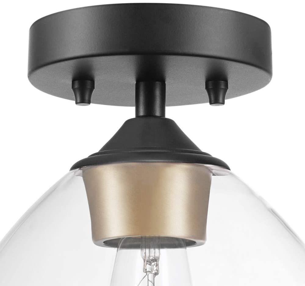 Globe Electric Harrow 1-Light Semi-Flush Mount Ceiling Light with a Matte Black Finish. Gold Accent Socket and Clear Glass Shade. Dimmable Option