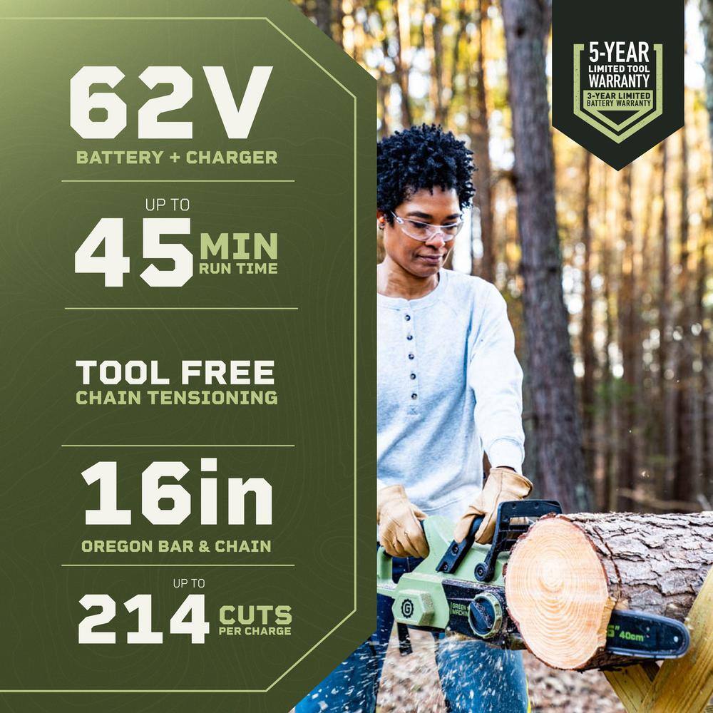 Green Machine GMCS6200 62V Brushless 16 in. Battery Chainsaw Auto-tensioning system. easy trigger start with 4 Ah Battery and Charger