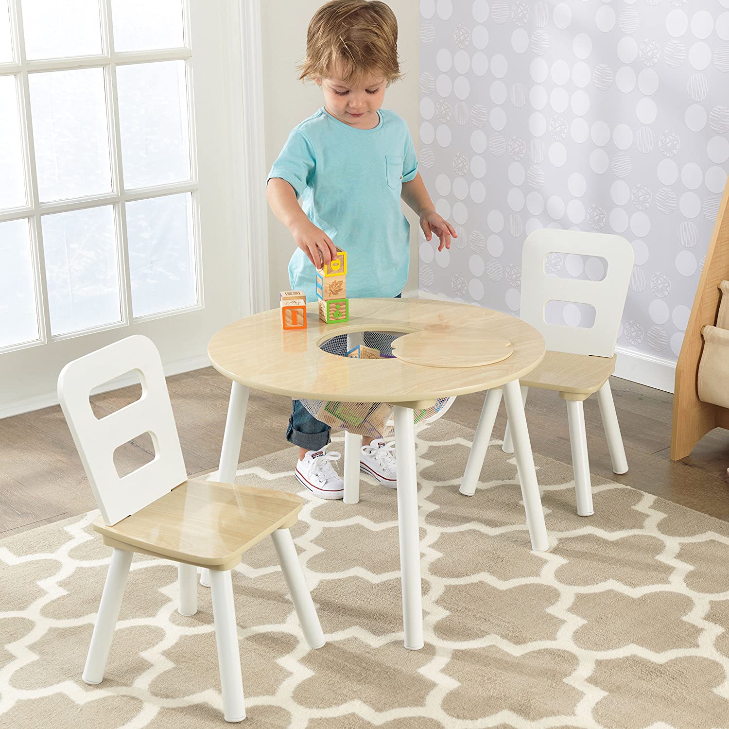 KidKraft Wooden Round Table & 2 Chair Set with Center Mesh Storage - Natural & White. Gift for Ages 3-6 23.5 x 23.5 x 17.3