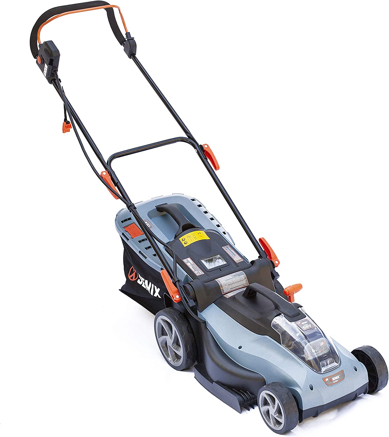 SENIX Electric Lawn Mower. 15-Inch. 58V Max* Cordless Lawn Mower with Brushless Motor. 6-Position Height Adjustment. 2.5Ah Lithium Ion Battery and Charger Included. LPPX5-L. Blue