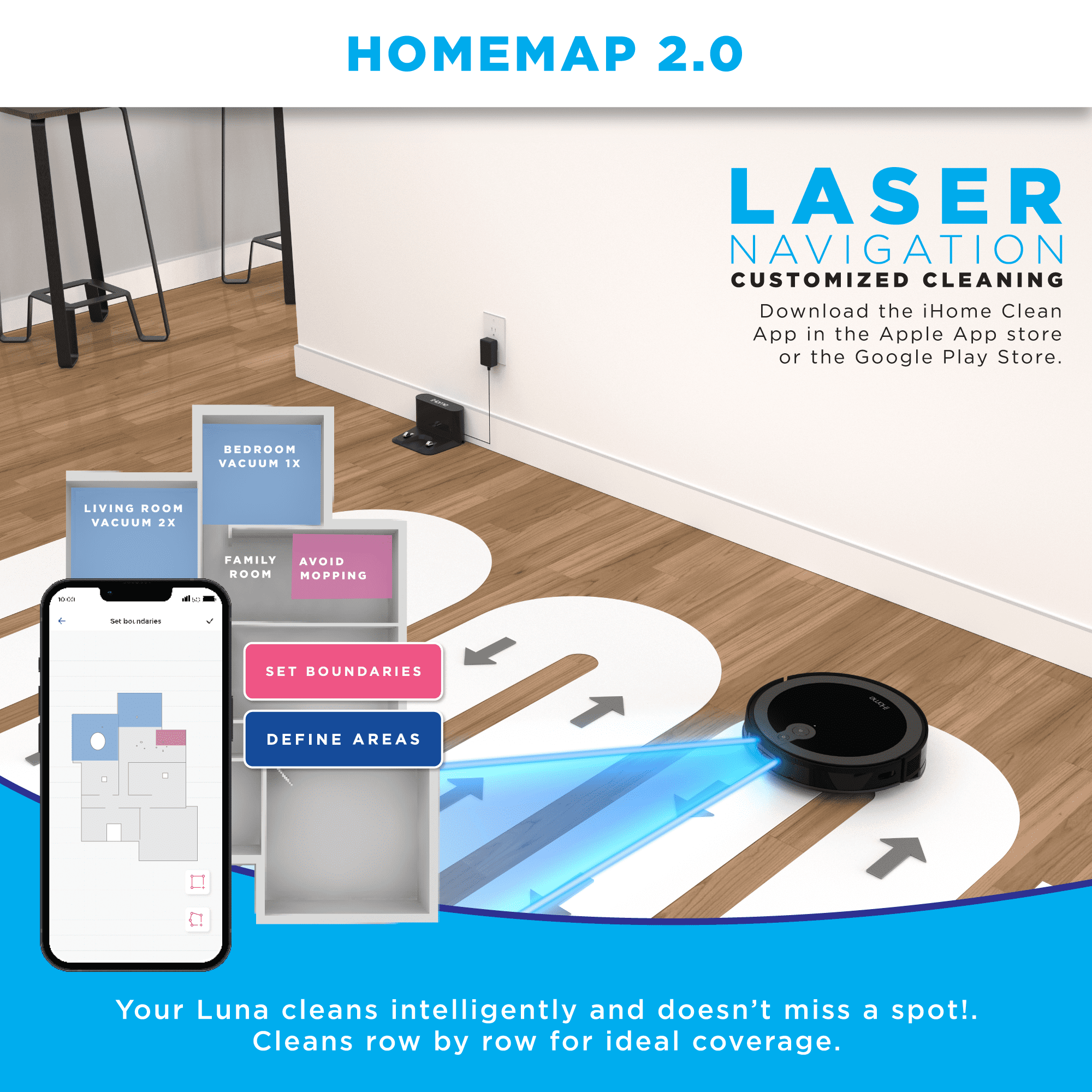 iHome AutoVac Luna 2-in-1 Front LIDAR Robot Vacuum and Vibrating Mop. Customized Cleaning and Mapping with Virtual Boundaries. Strong Suction & App Control