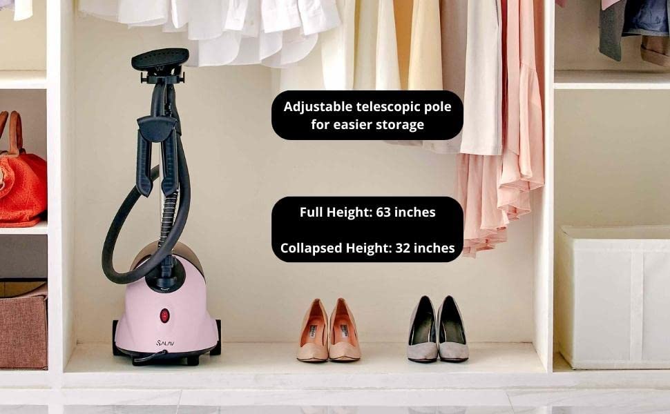 SALAV GS18-DJ Standing Garment Steamer with Roll Wheels for Easy Movement. 1.8L Water Tank for 1 Hour Continuous Steaming. Adjustable Pole for Storage. 1500 watts