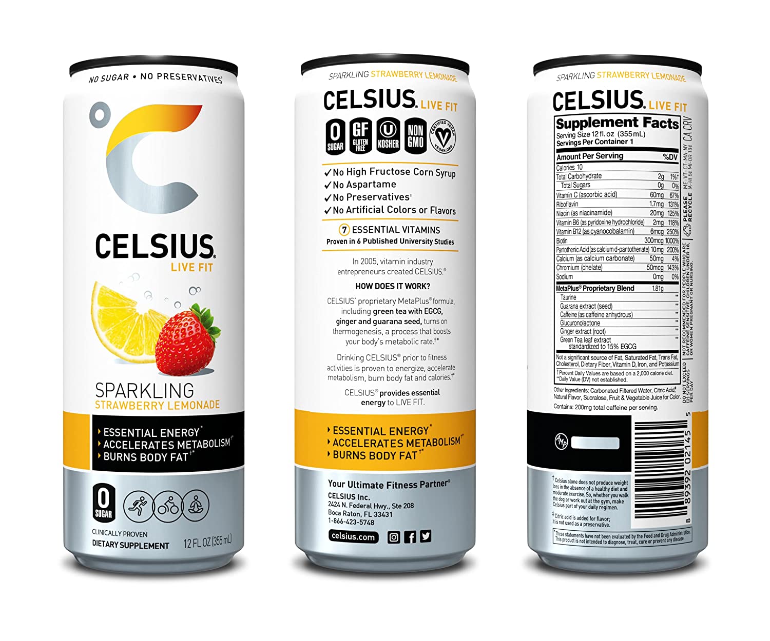 CELSIUS Essential Energy Drink 12 Fl Oz. Zero Sugar. Sparkling Strawberry Lemonade (Pack of 12)