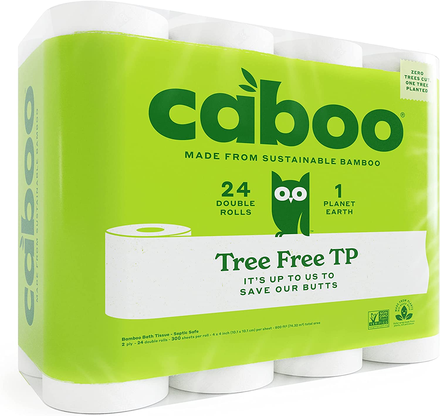Caboo Tree Free Bamboo Toilet Paper. Septic Safe. Biodegradable. Eco Friendly Bath Tissue with Soft. Quick Dissolving 2 Ply Sheets (300 Sheets Per Roll. 24 Double Rolls)