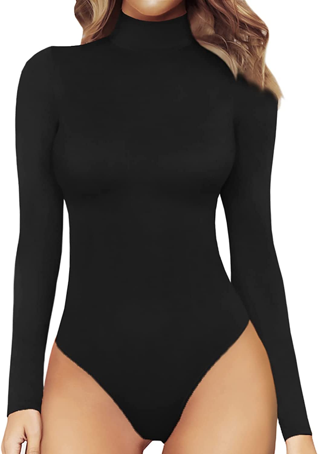 MANGOPOP Women's Mock Turtle Neck Long Sleeve Tops Bodysuit Jumpsuit. A Long Sleeve Black