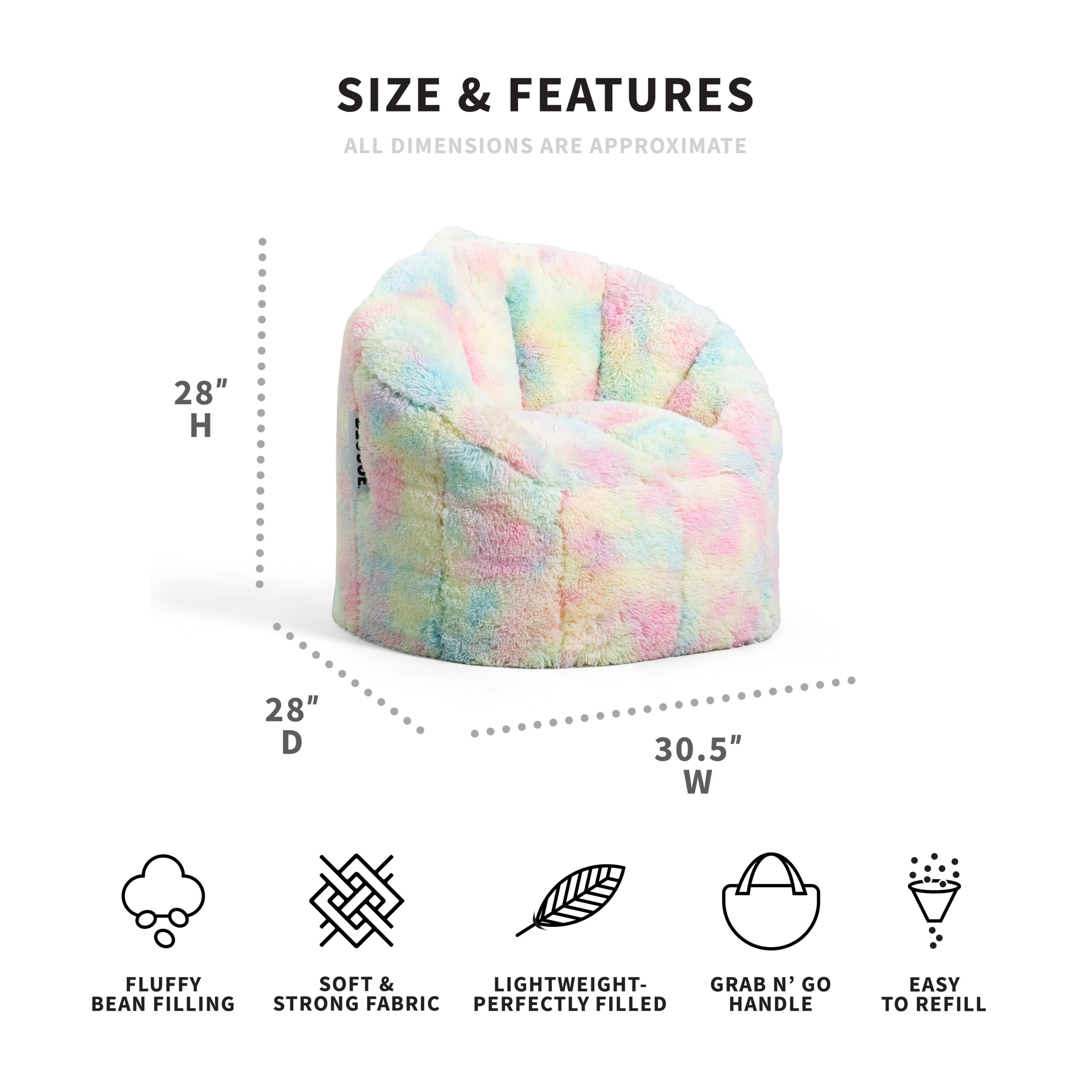 Big Joe Milano Bean Bag Chair. Plushie. 2.5ft. Unicorn Rainbow
