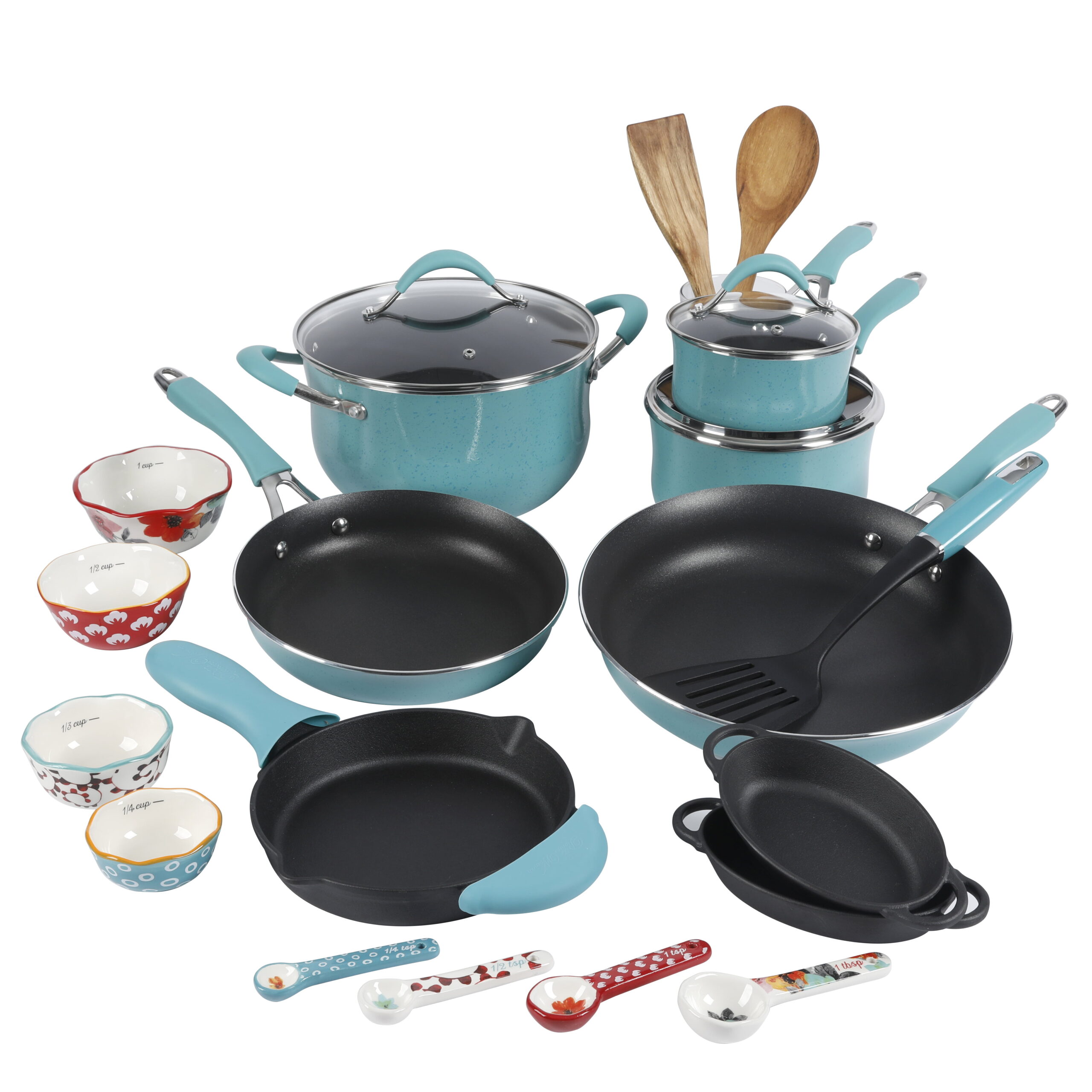 The Pioneer Woman Frontier Speckle 24-Piece Cookware Combo Set. Turquoise