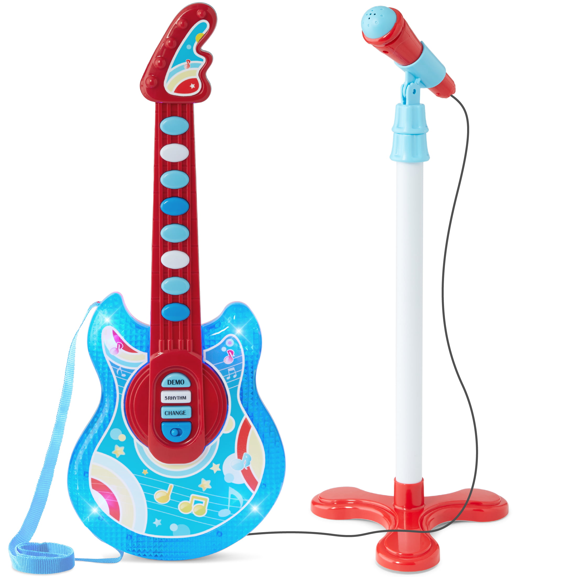Best Choice Products 19in Kids Flash Guitar. Pretend Play Musical Instrument Toy for Toddlers w/ Mic. Stand - Blue