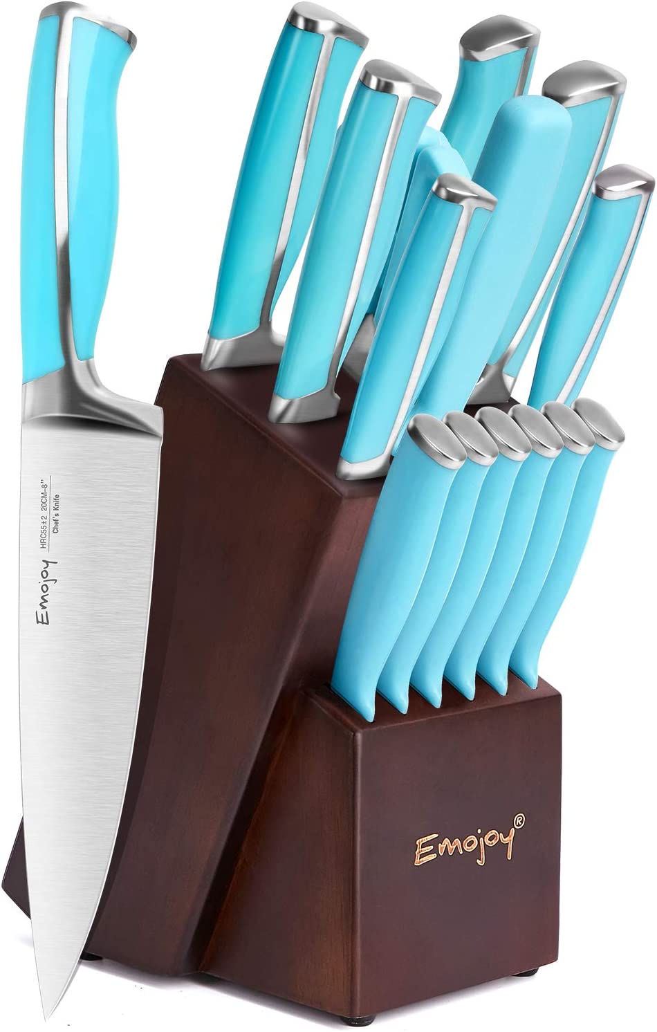 Emojoy 15 Piece Kitchen Knife Set with Block Wooden. German Stainless Steel Sharp Chef Knife Set with Sharpener. dishwasher safe and rust proof. Blue