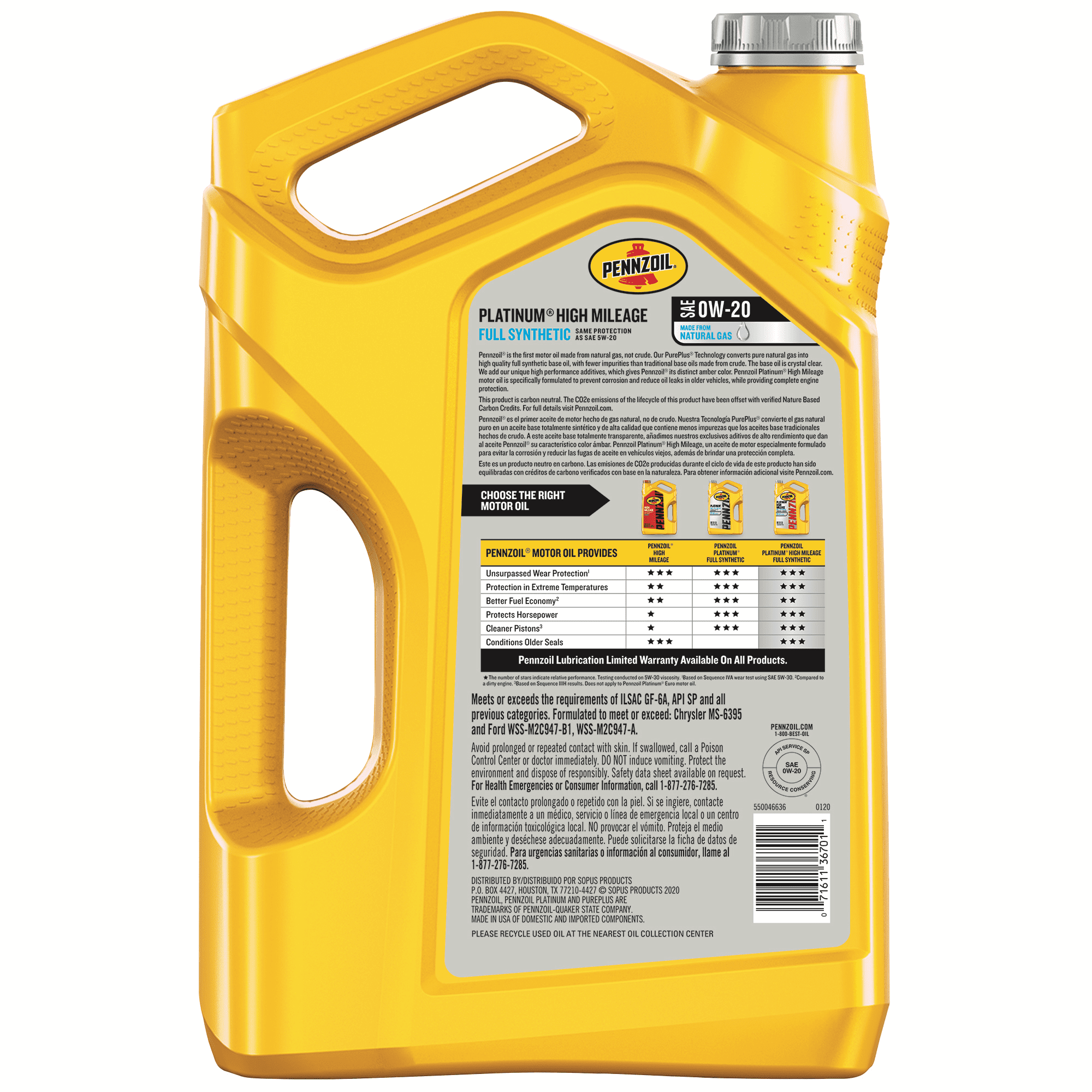 Pennzoil Platinum Full Synthetic High Mileage 0W-20 Motor Oil. 5 Quart