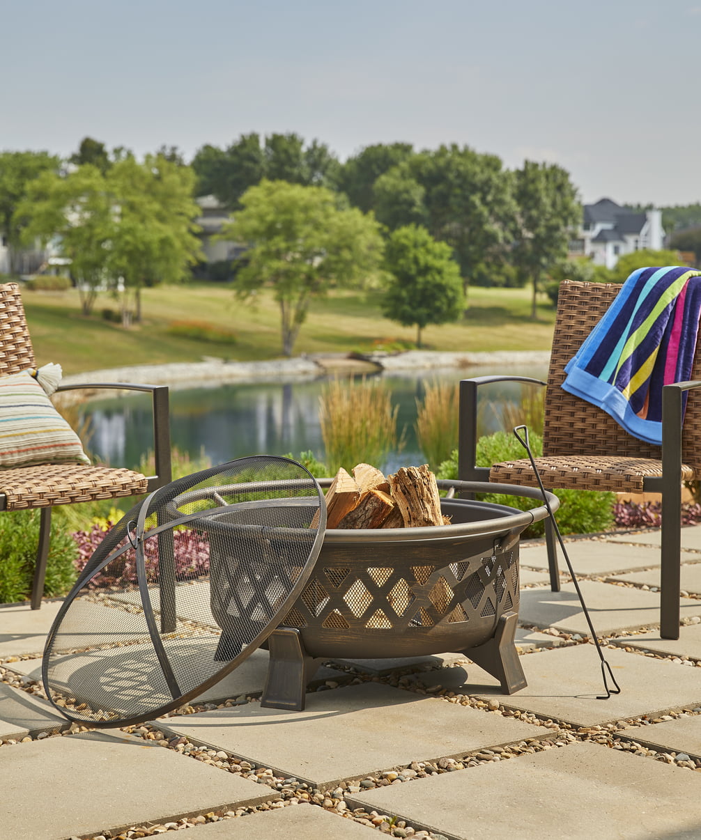 Better Homes & Gardens 35″ Round Lattice Wood Burning Fire Pit with Cover. Antique Bronze