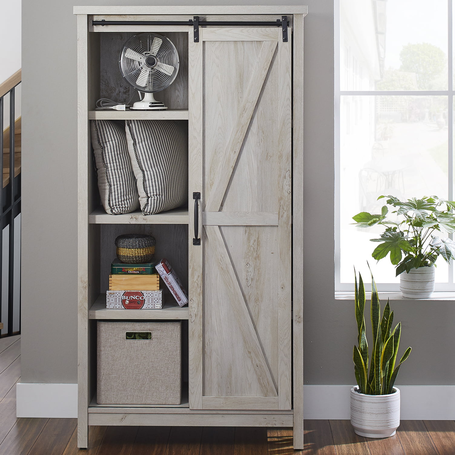Better Homes & Gardens 66″ Modern Farmhouse Bookcase Storage Cabinet. Rustic White Finish