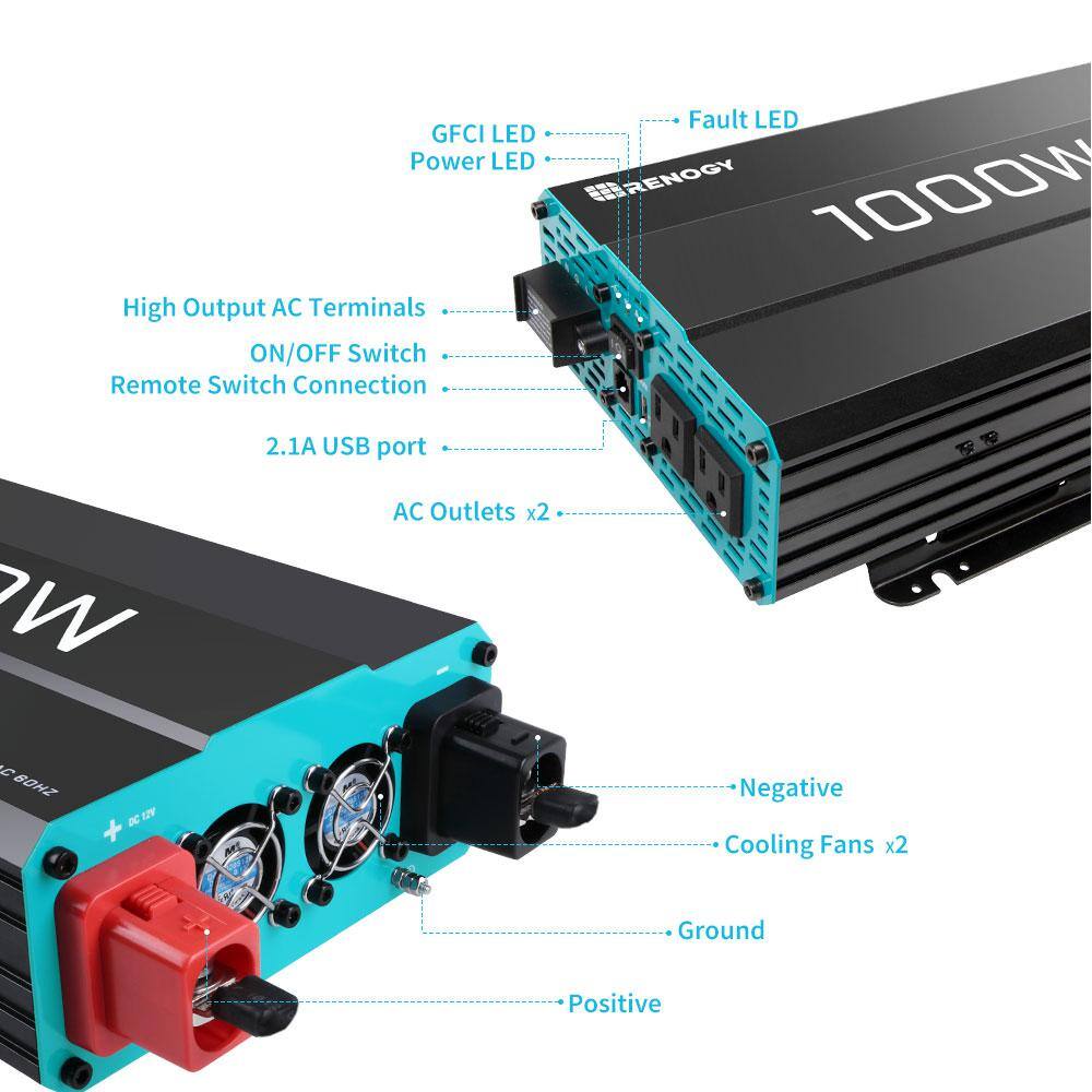 Renogy RNG-INVT-1000-12V-P2 1000-Watt Pure Sine Wave Inverter 12V DC to 120V AC Converter for Off-Grid Solar Power w/ Built-in 5V/2.1A USB Port