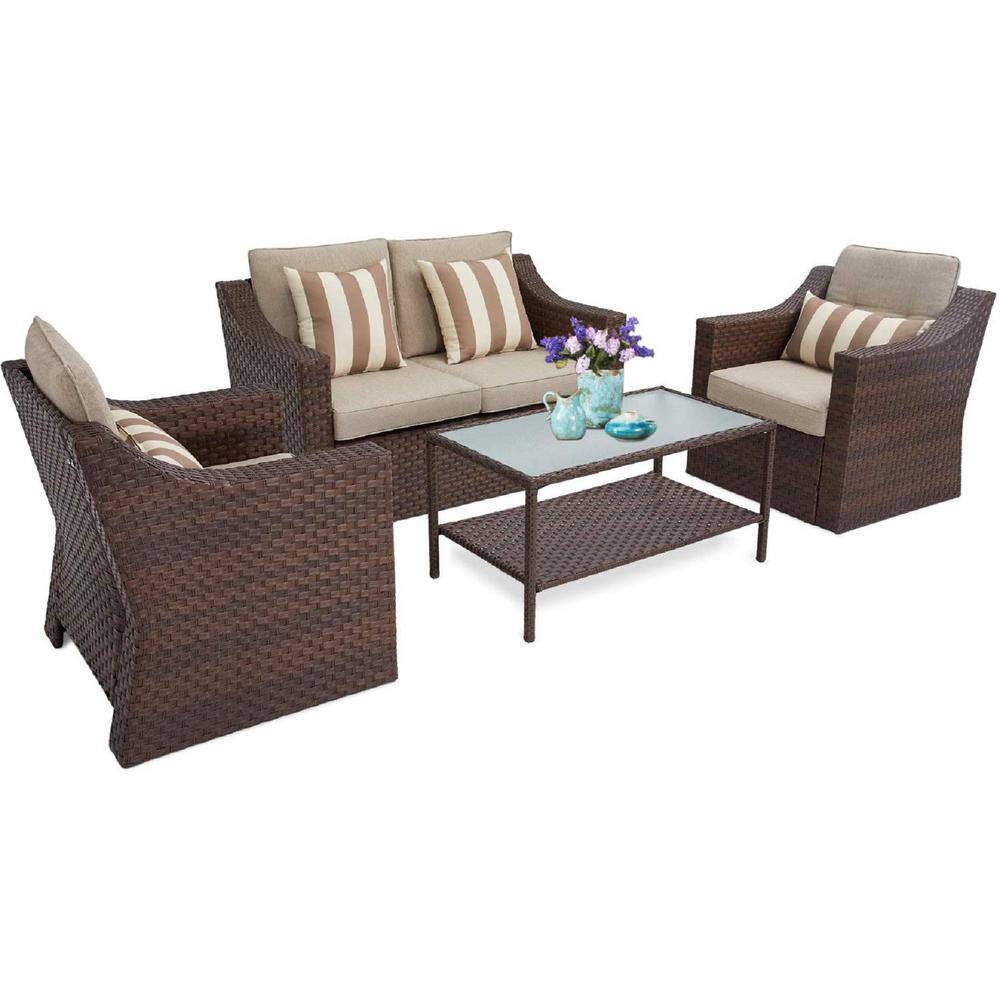 Suncrown  Brown 4-Piece Wicker Patio Conversation Set with Light Brown Cushions