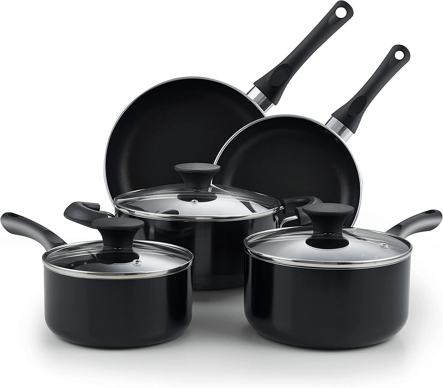 Cook N Home Non-Stick Basic Kitchen Cookware Pots and Pans Set. Stay Cool Handle. Black. 8-Piece