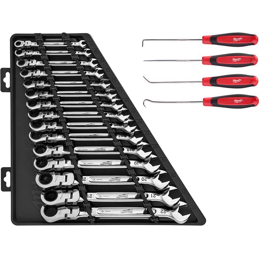 Milwaukee 48-22-9513-48-22-9215 144-Position Flex-Head Ratcheting Combination Wrench Set Metric with Hook and Pick Set (19-Piece)