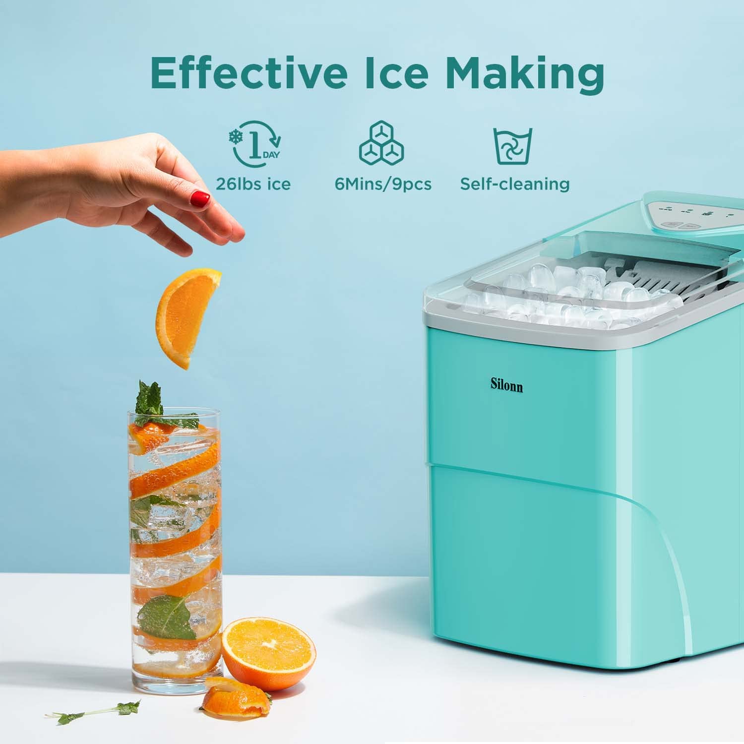 Silonn Ice Makers Countertop. 9 Cubes Ready in 6 Mins. 26lbs in 24Hrs. Self-Cleaning Ice Machine with Ice Scoop and Basket. 2 Sizes of Bullet Ice for Home Kitchen Office Bar Party (Green)