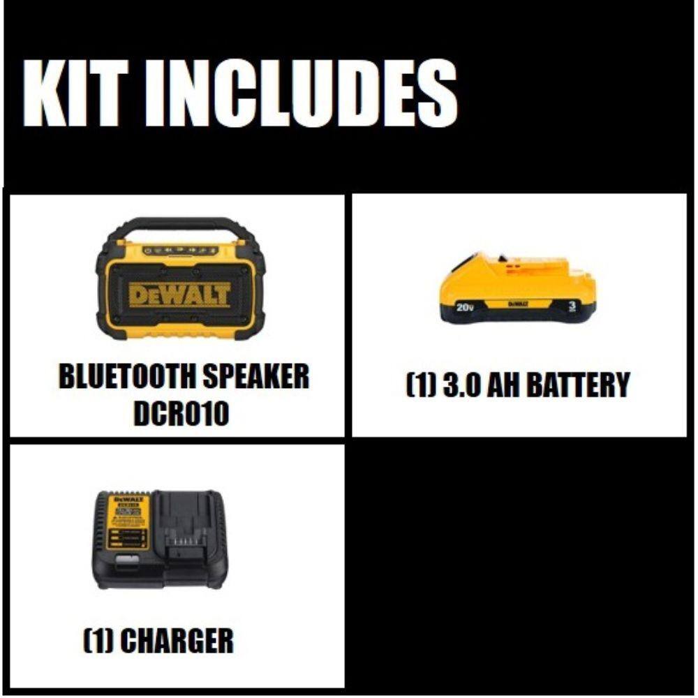 DEWALT DCR010WDCB230C 20V MAX Bluetooth Speaker. (1) 20V MAX Compact Lithium-Ion 3.0Ah Battery. and 12V-20V MAX Charger