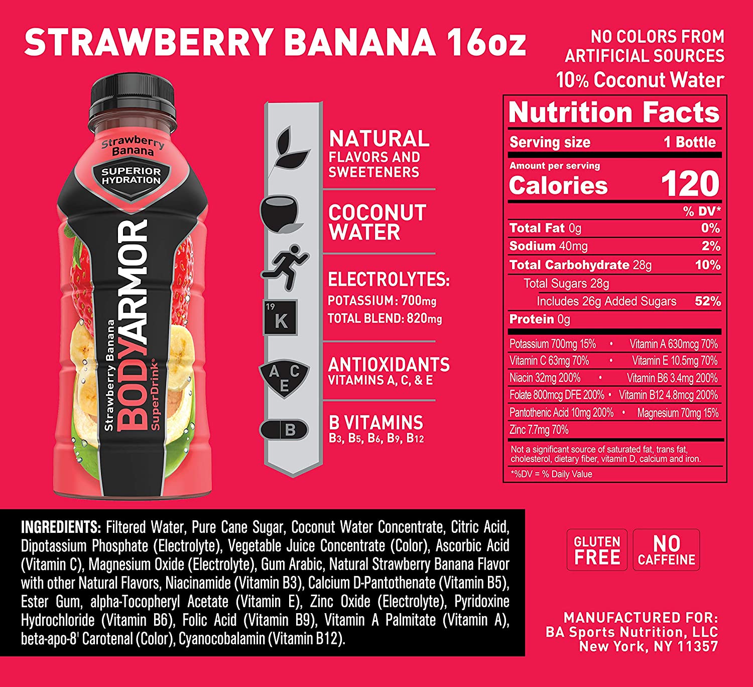 BODYARMOR Sports Drink Sports Beverage. Strawberry Banana. Natural Flavors With Vitamins. Potassium-Packed