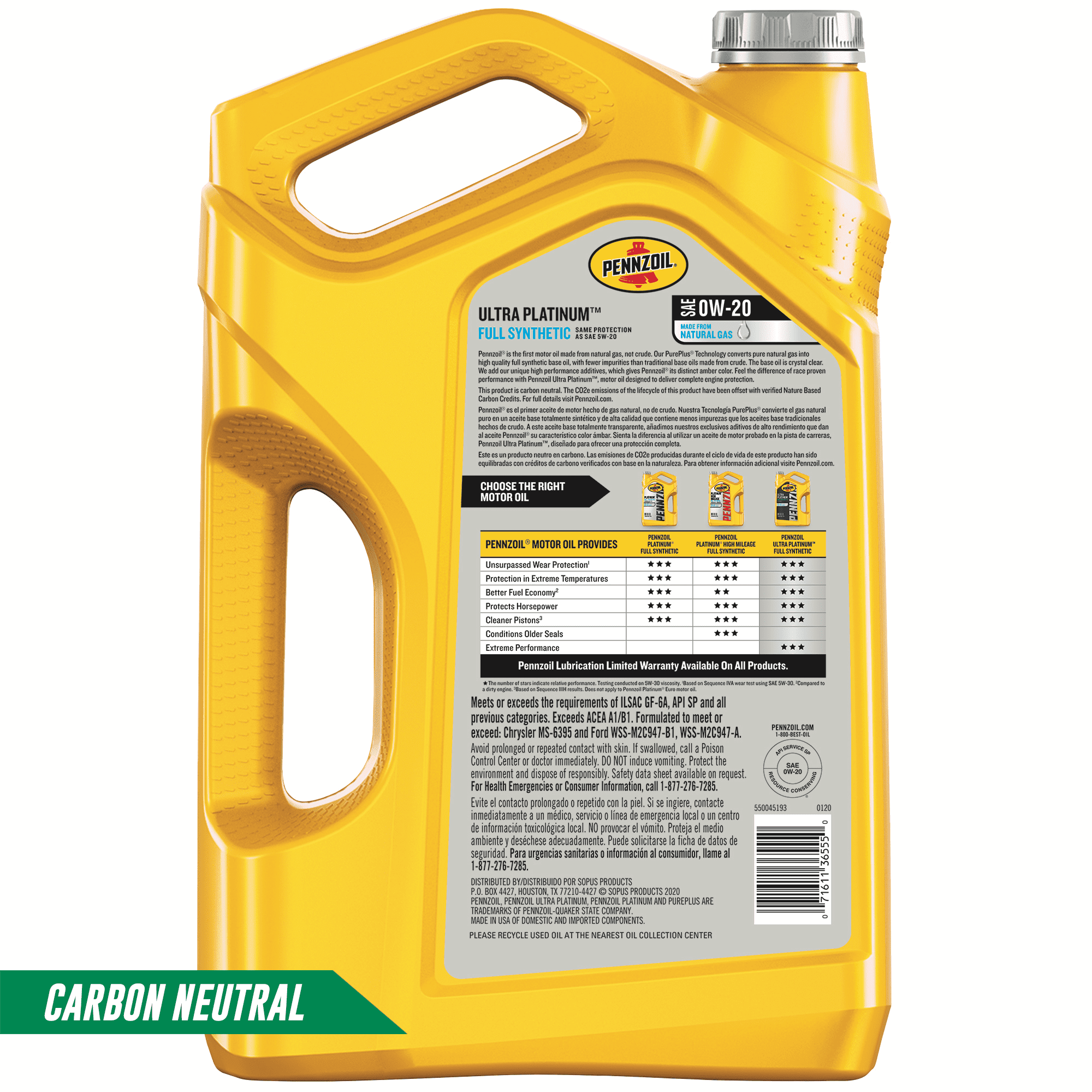 Pennzoil Ultra Platinum Full Synthetic 0W-20 Motor Oil. 5 Quart