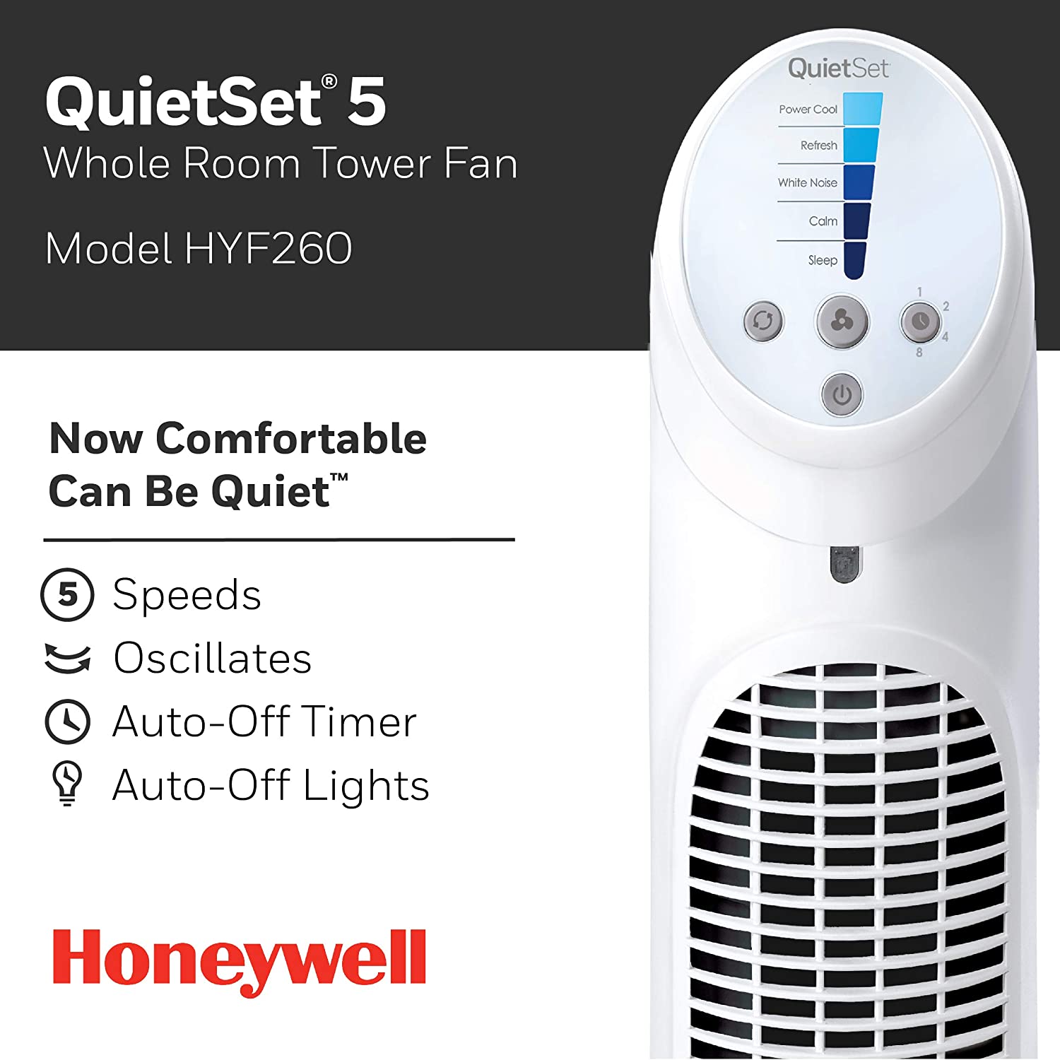Honeywell HYF260 Quiet Set Whole Room Tower Fan. White