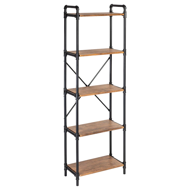 Honey-Can-Do SHF-08841 Black/Natural Metal 5-Shelf Bookcase (11.8-in W x 70.9-in H x 23.6-in D)
