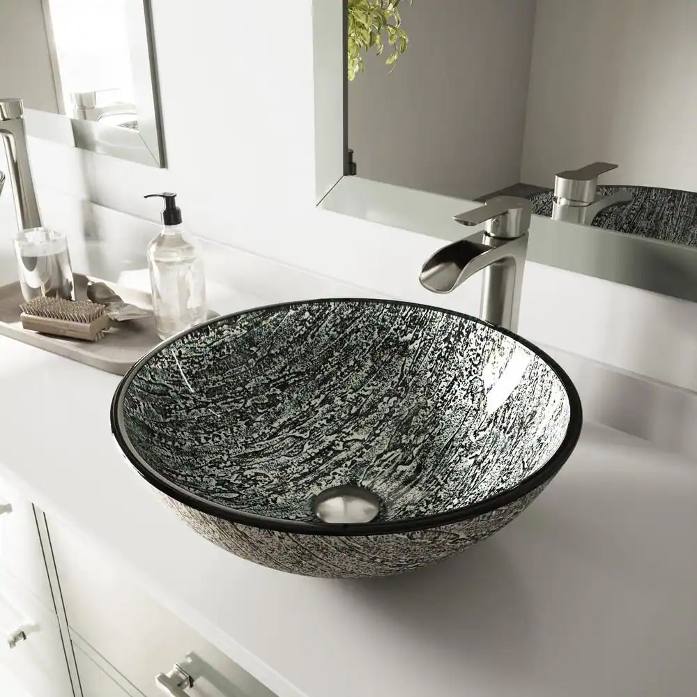 VIGO VG07050 Glass Round Vessel Bathroom Sink in Titanium Gray with Faucet in Brushed Nickel