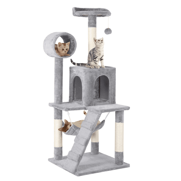 Easyfashion 51″ Multi-level Cat Tree with Condo and Scratching Post. Light Gray