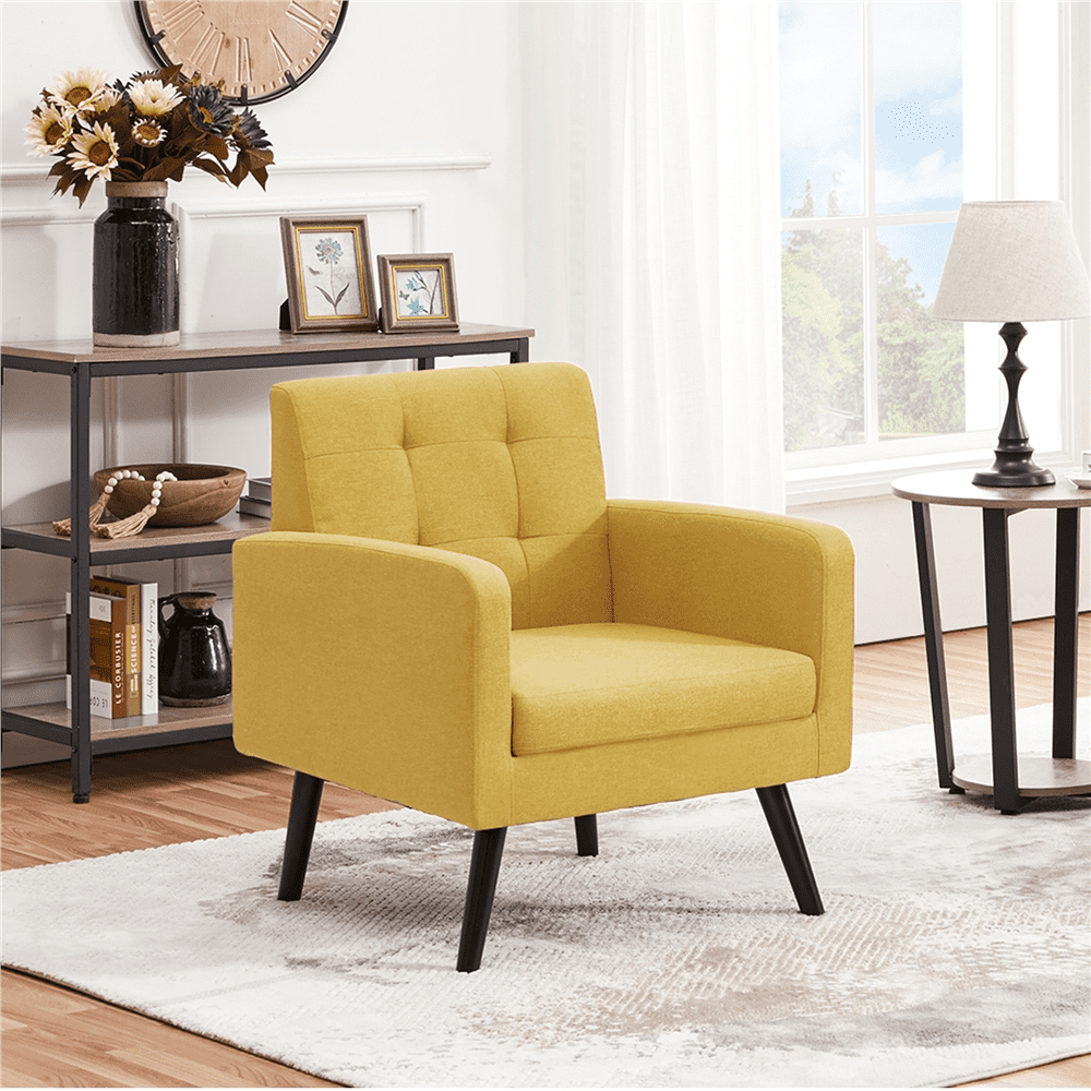 Smile Mart Modern Tufted Accent Arm Chair with Rubber Wood Leg for Living room. Yellow