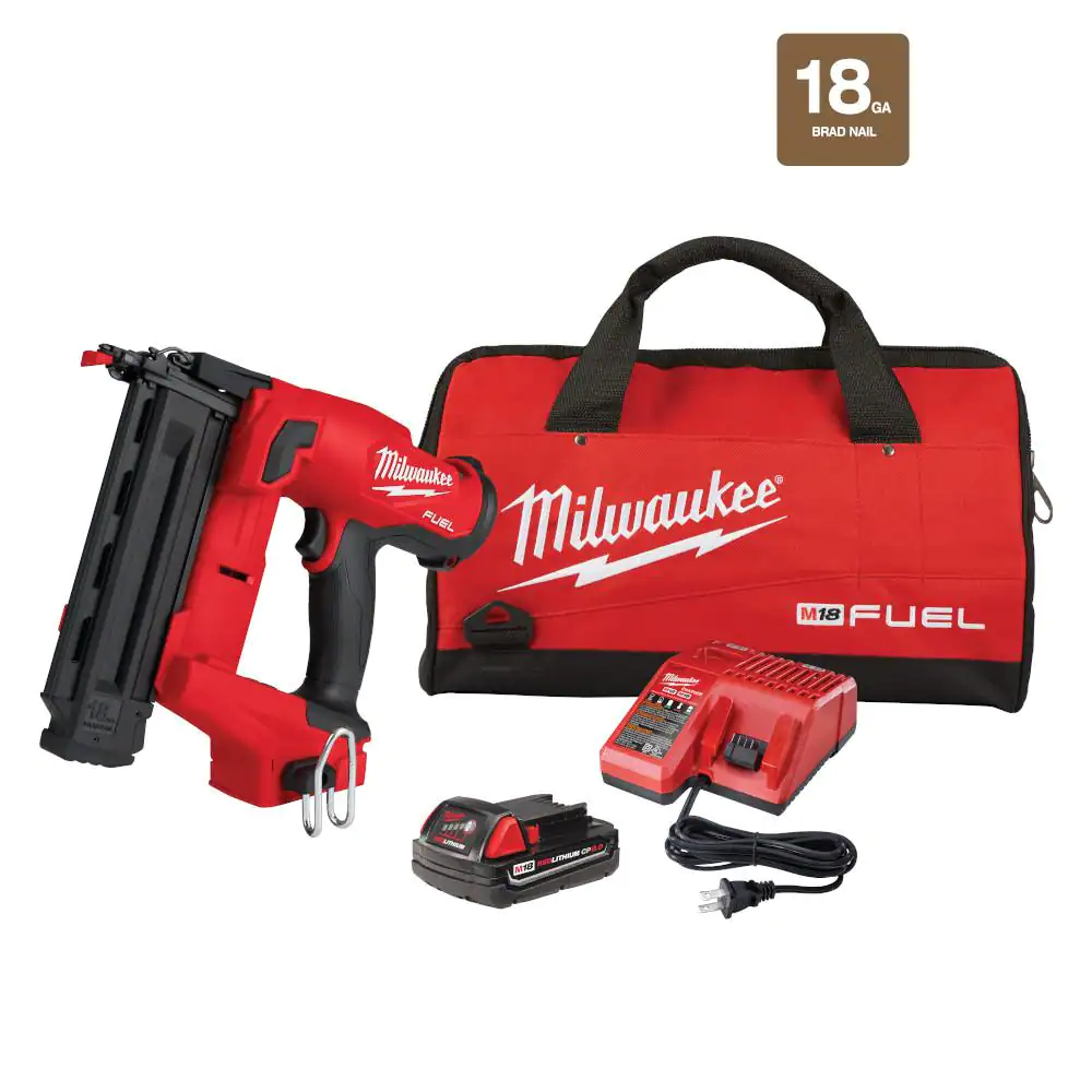 Milwaukee 2746-21CT M18 FUEL GEN II 18-Volt 18-Gauge Lithium-Ion Brushless Cordless Brad Nailer Kit with One 2.0 Ah Battery. Charger and Bag