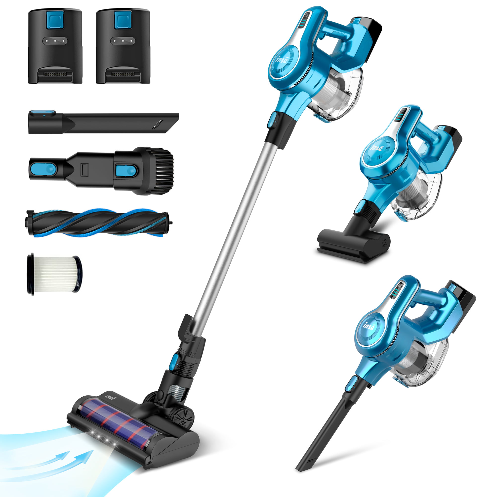 INSE Cordless Vacuum Cleaner with 2 Batteries. 10-in-1 Lightweight Stick Vacuum. Up to 90mins Run-time. 25kPa 300W Powerful Suction Rechargeable Battery Vacuum for Pet Hair Hardwood Floor Carpet